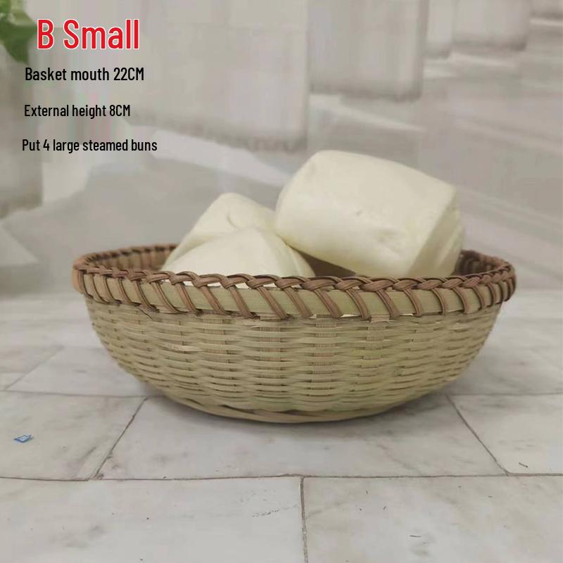 Large Bamboo Rattan High-Foot Steamed Bun & Snack Basket - Finely Woven, Multi-Purpose Household Kitchen Fruit & Vegetable Wash Basket, Round Design