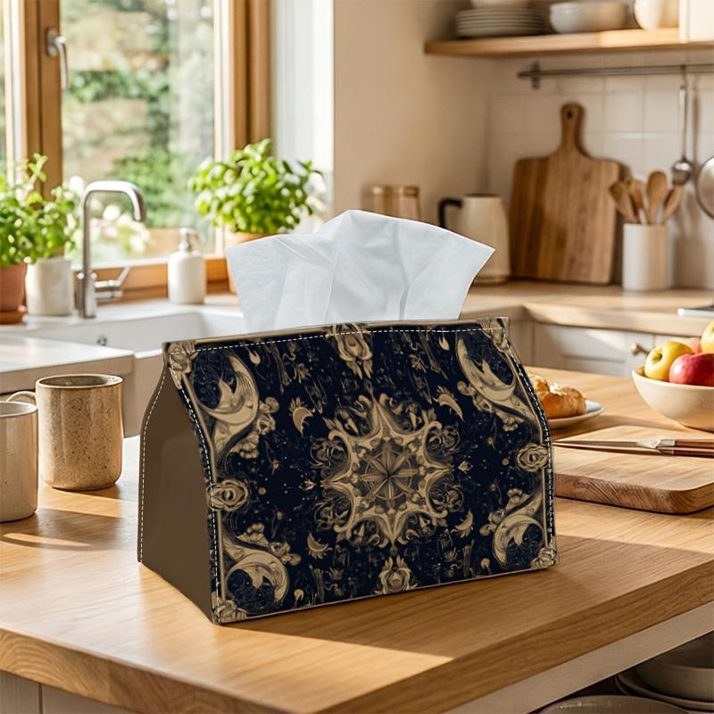 1pc Vintage Baroque Style Tissue Holder - Beige And Golden Floral Design, Sturdy Napkin Organizer for Vehicle, Kitchen, Dining Area, And Home Decorati