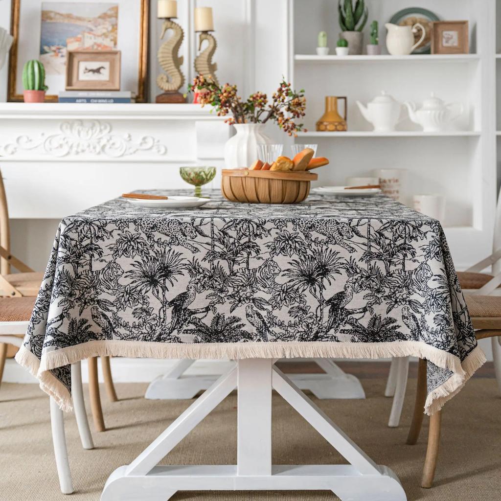 American Jacquard Table Cloth Flower Pattern Thickened Tabletop Cover White Tassel Edge Wear-resistant Dustproof Tablecloth