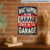 2D Flat Rustic 'What Happens in The Garage Stays in The Garage' Metal Sign, 8.0x12.0inch, Vintage Wall Decor, Durable Aluminium Plaque for Home, Bar