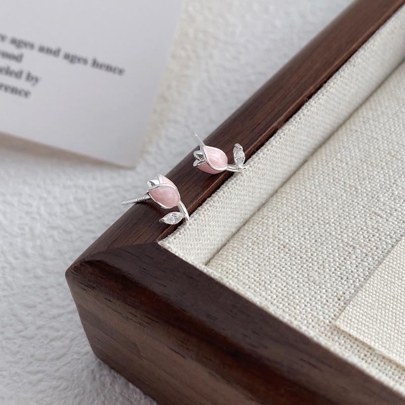 Sterling Silver Tulip Stud Earrings: Elegant Fairy Style with Pink Resin Flower for Women Sterling Silver серебряный