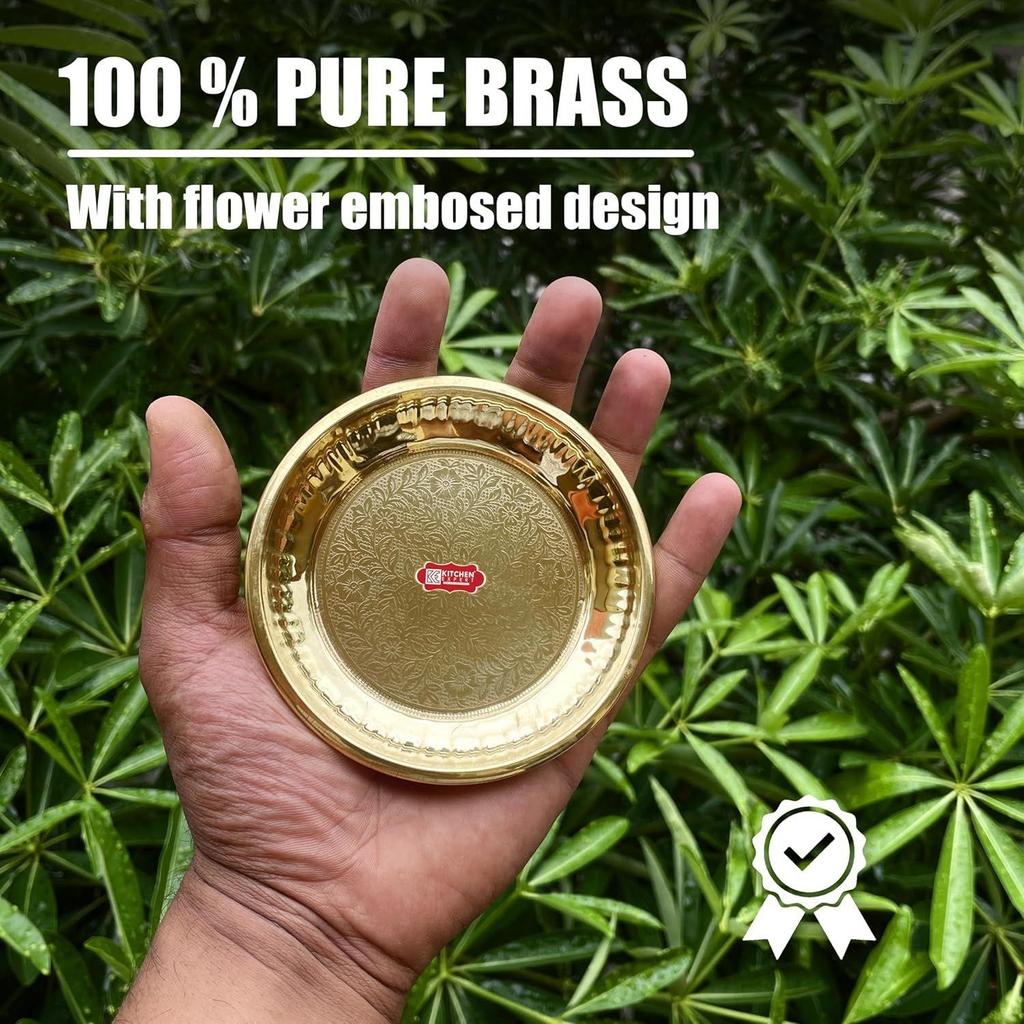 Kitchen Expert Small Brass Pooja Plate 10cm Engraved Floral Design Ideal For Puja Prasad Dia Handcrafted Solid Brass Plate - View #7