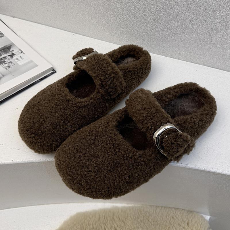 Baotou Fluffy Slippers Women's 2025 New Autumn and Winter Wear Velvet Warm Internet Celebrity Half Slippers Mary Jane Cotton Shoes