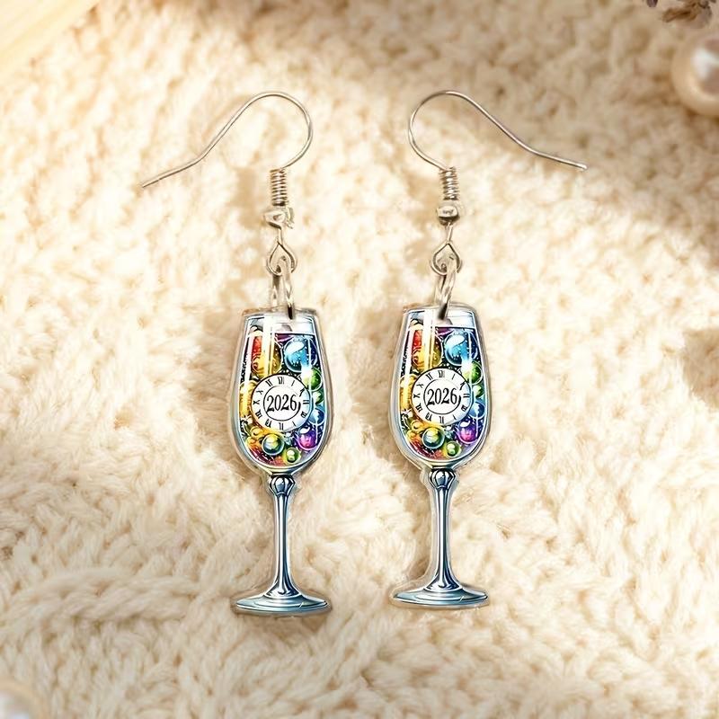 Cross-border new models, colorful 2026 happy new year wine glass earrings 2D acrylic creative New Year s Eve goblet earrings
