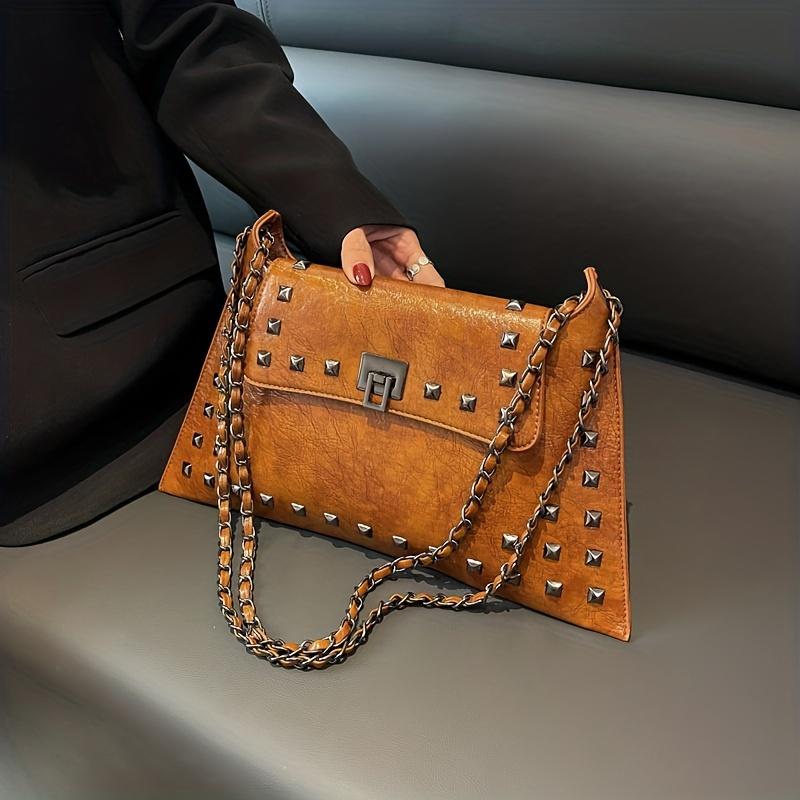 Golden Leather Texture Single Shoulder Casual Women's Hand-held Bag - Vintage Rivets Armpit Slung