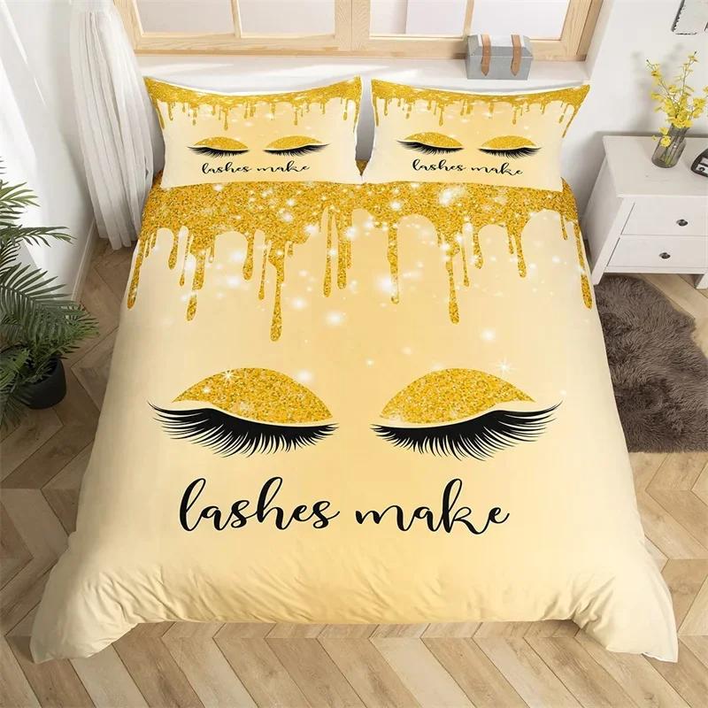 Smile Eyelash Duvet Cover Set Glitter Fragments Dreamy Twin Queen Bedding Set Microfiber Eyelashes Make Romantic Comforter Cover