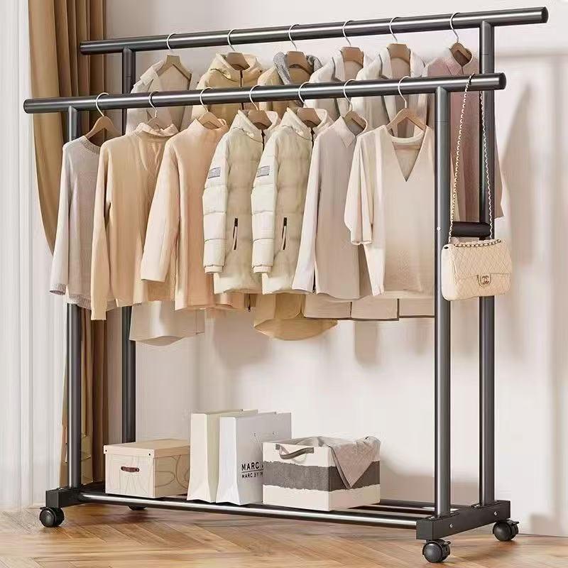 Sturdy Double Bar Wardrobe Rack for Dorms: Floor-Standing, Dual-Layer Clothes & Hat Hanger for Bedrooms and Balconies.