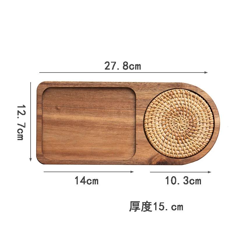 Japanese Wooden Tray with Ceramic Coaster for Cups Plates Retro Bread Dessert Breakfast Display