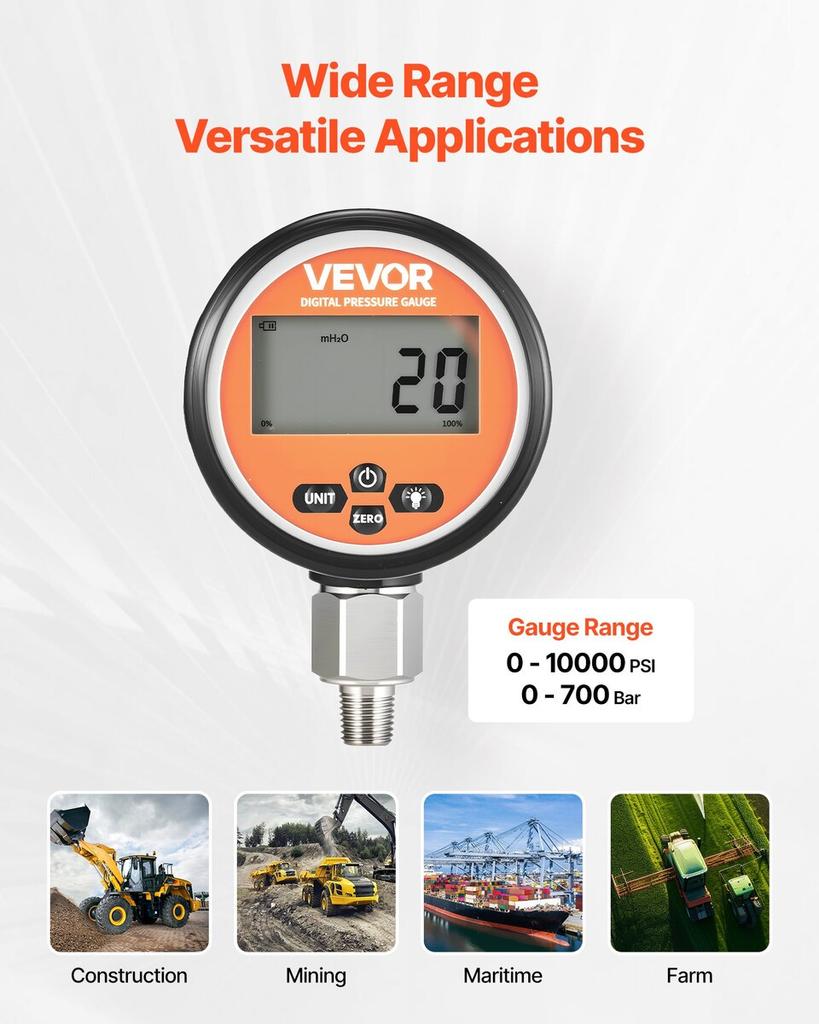 Digital Hydraulic Pressure Gauge, 0-700 Bar (0-10000 PSI) Hydraulic Pressure Sensor, Manometer Tester with NPT Base Entry for Excavator Construction