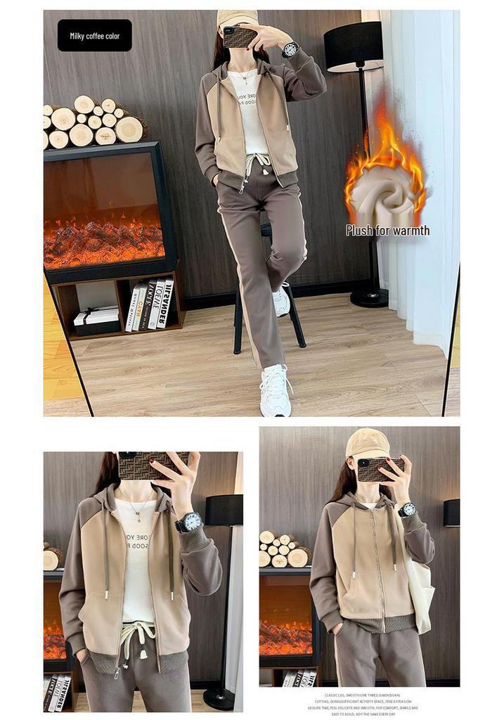 Women's Winter Warm Velvet Slim-Fit Hooded Sweatshirt & Pants Set
