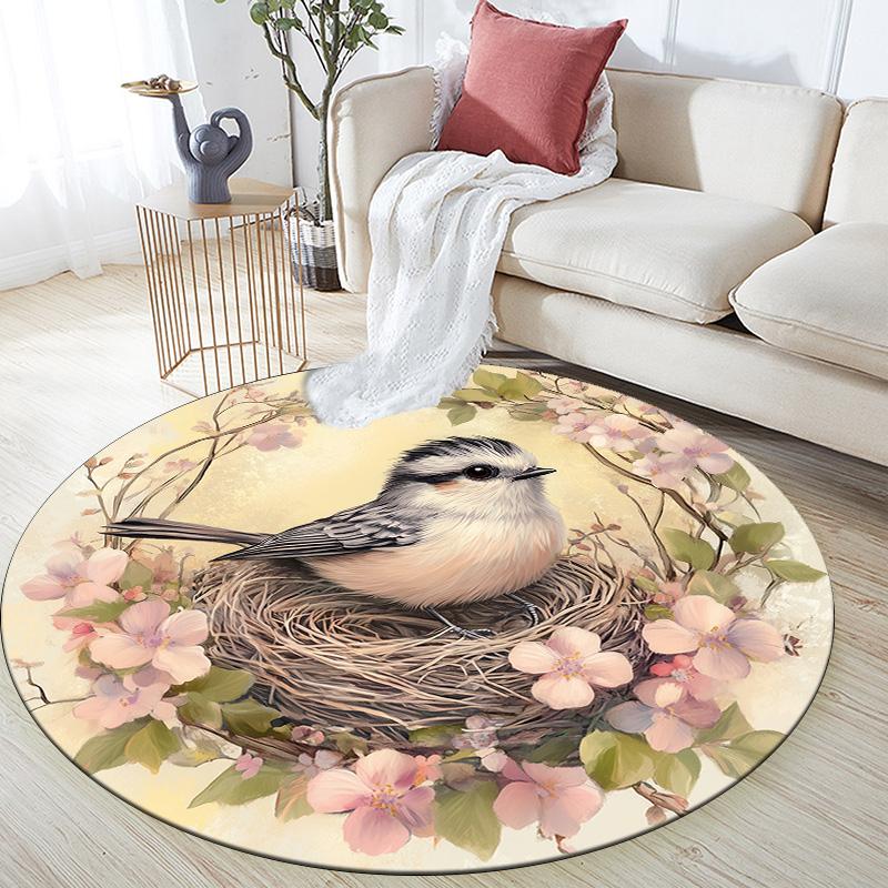 Flower Bird,Round Area Rug,Carpet Rug for Living Room Bedroom Sofa Playroom Decor,Non-slip Floor Mat