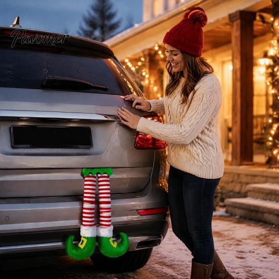 Fun Holiday Party Atmosphere Supplies Christmas Elf Leg Hanging Ornaments, Red Green Striped Fabric Decorations Wall Decor for Tree Fireplace And Car