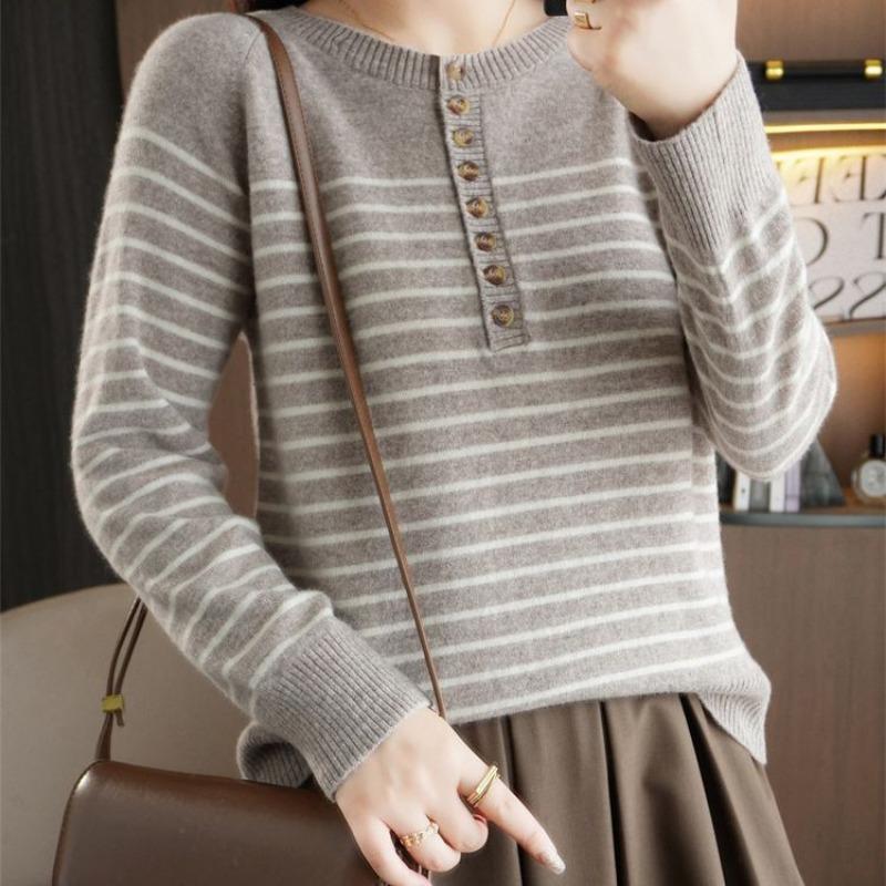 Autumn and Winter New Striped Crew Neck Buckle Women's Long-sleeved Knitted Sweater Top Contrasting Color Strip Pullover Bottoming Shirt