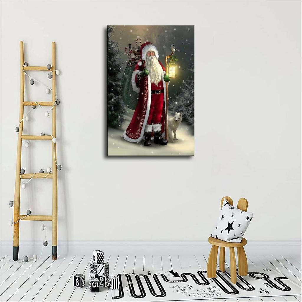 Image of Santa Claus Poster Canvas Print Christmas Wall Art Wall Christmas Pictures Home Bedroom Living Room Wall Decoration (Framed,16×24inch)
