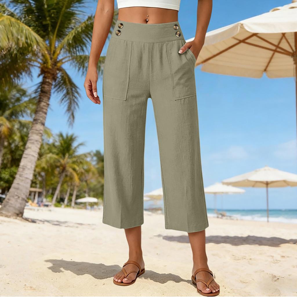 Women's Loose Fit Solid Color Straight Leg Elastic Waist Beach Capris Casual Pants with Button Detail and Side Pockets