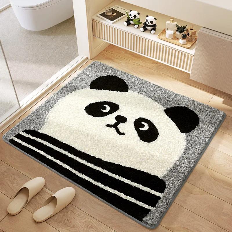 Cartoon Panda Series Square Bath Mat Superfiber Flocked Bathroom Rug Anti-Slip Water-Absorbent Foot Mats Carpet