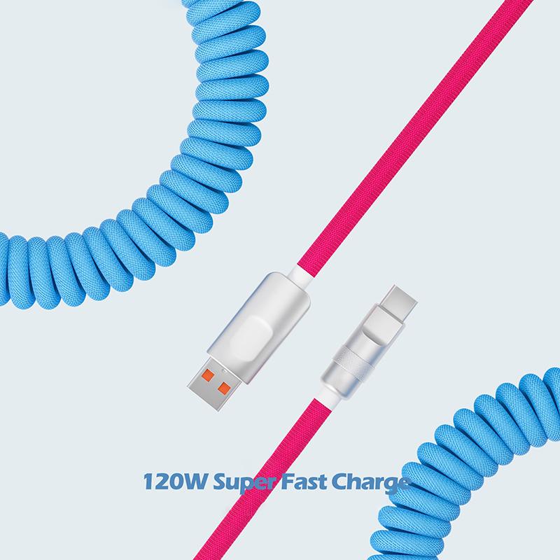 120W Federladekabel, Schnellladekabel, dehnbares Datenkabel, USB zu Typ C, Schnellladedatenleitung für iPhone 15, Samsung Huawei Android