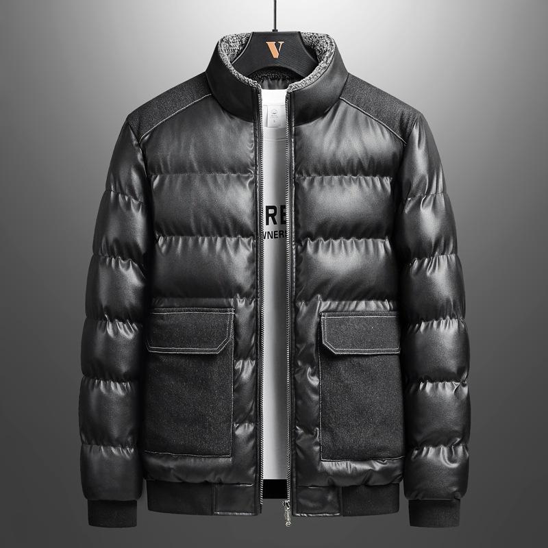 Winter new leather cotton-padded jacket men's trendy loose thickened PU leather jacket lapel fashion men's cotton jacket