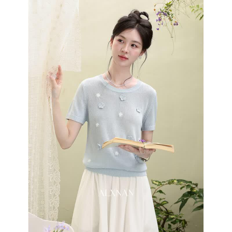 Luxiangnan Women's Blue Floral Knit Short Sleeve Top
