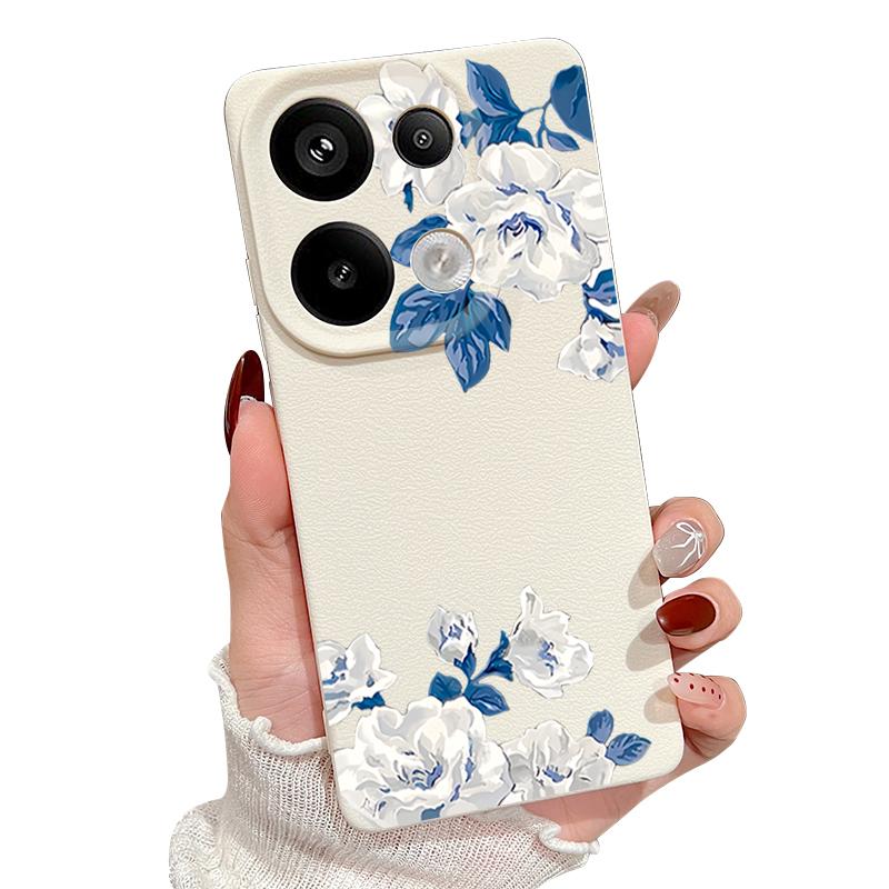 White Gardenia Floral Pattern Case For Xiaomi 14T 13T 11T Pro Funda Redmi Note 14 13 12 11 Pro 5G 4G Leather Texture Silicone Cover