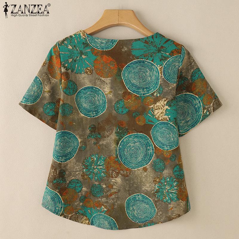 ZANZEA Womens Print Casual Round Neck Loose Half Sleeve Blouse