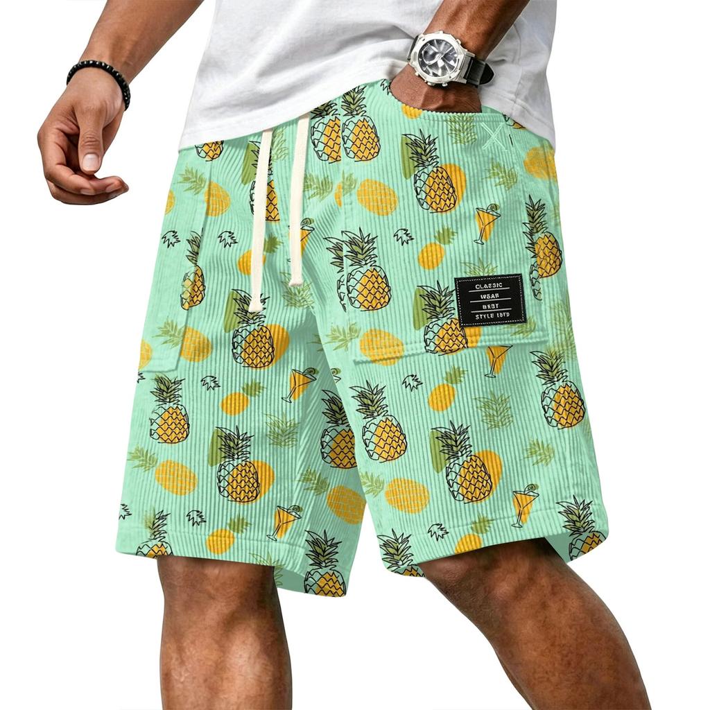 Men's Casual Corduroy Drawstring Shorts Hawaiian Style Tropical Leaf Print Lightweight Comfortable Fit