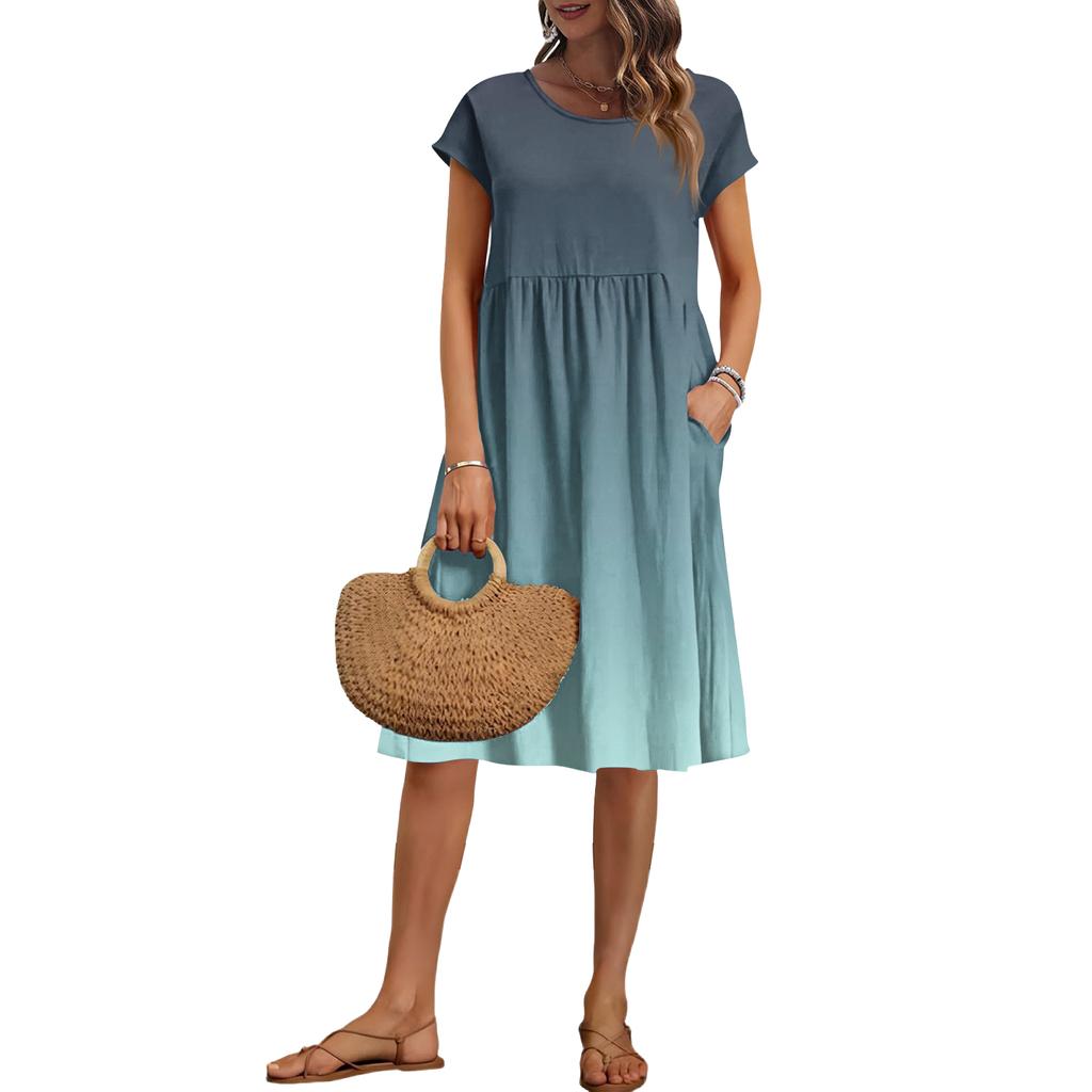Damska Letnia Modna Codzienna Okrągły Dekolt Krótki Rękaw Sukienka z Gradientowym Wzorem