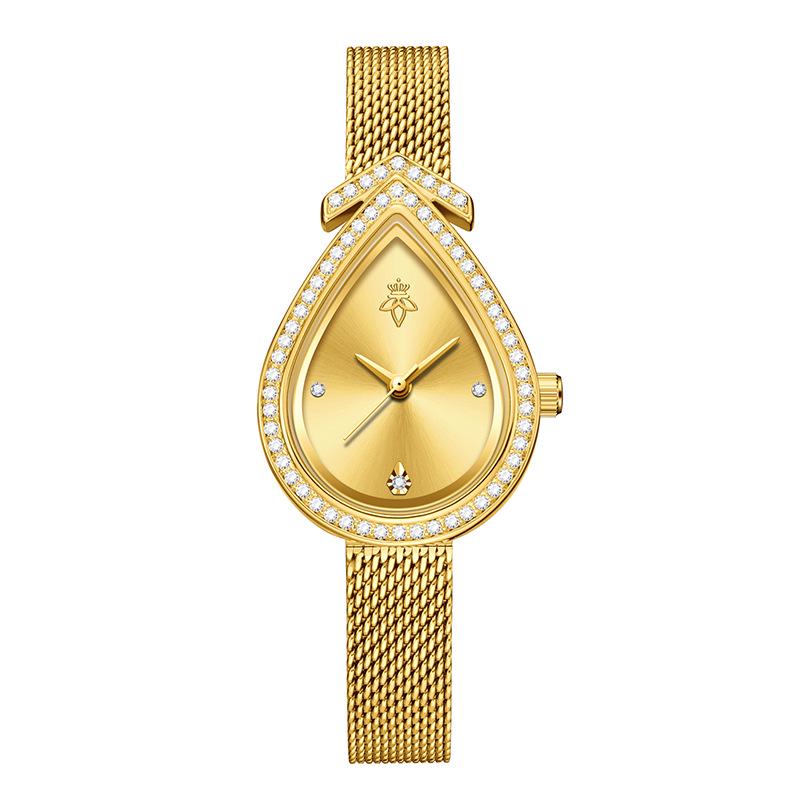 Yalalusi Teardrop Diamond Women's Gold Mesh Quartz Watch - Light Luxury, Waterproof, with Calendar