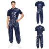 Men Waterproof One Piece Jumpsuit Short Sleeve Front Zipper Elastic Waist Side Pockets Jogging Pants Raincoat Sauna Tracksuit for Outdoor Running