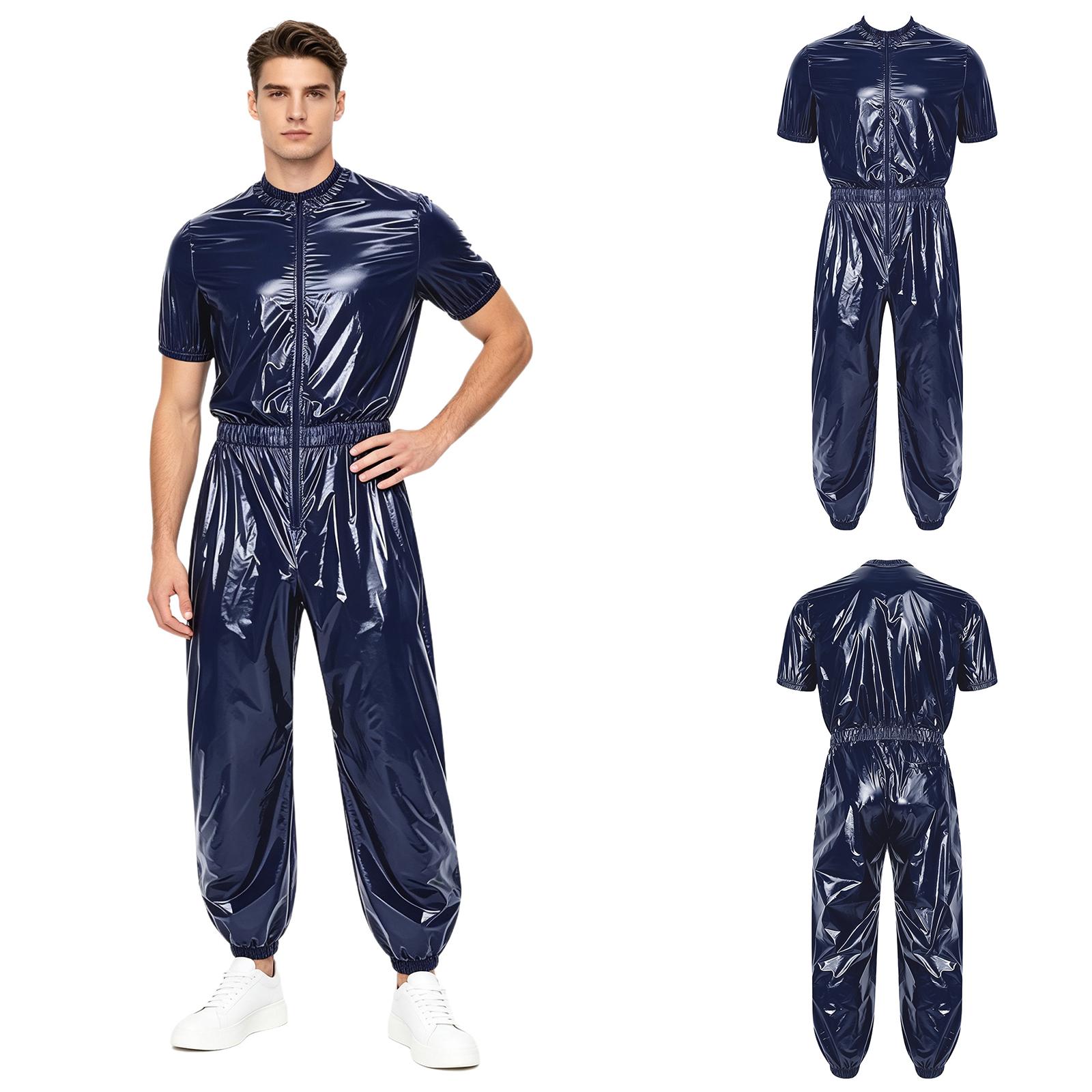 Herren Regenmantel Sauna Trainingsanzug Einteiler Kurzarm Reißverschluss vorne Elastische Taille Seitentasche Jogginghose für Fitnessstudio Laufen XXL blau