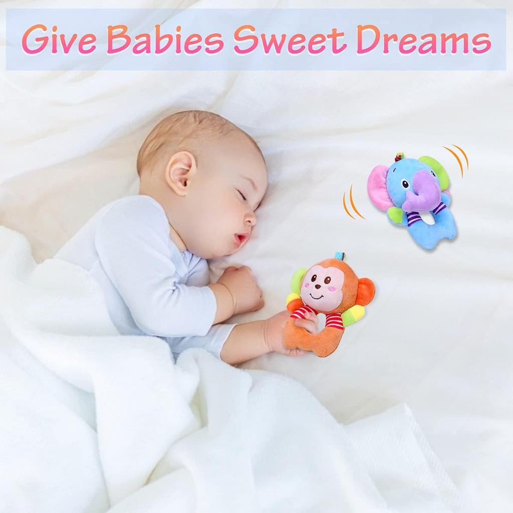 2 Stück Greifling zum Rasseln, Babyrasseln-Spielzeug, Cartoon-Tierrassel, weicher Stoff mit Glöckchen, sensorisches Spielzeug, entwicklungsförderndes Plüschspielzeug für Kinder