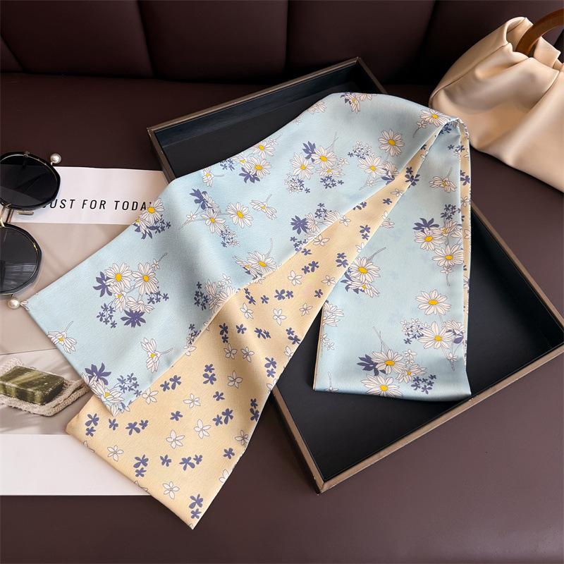 Spring and Summer Flower Double-layer Scarf, Streamer Strap, Bag Decoration, Suit Scarf, Small Long Headband, Silk Scarf, Women's Printing Is Narrow a