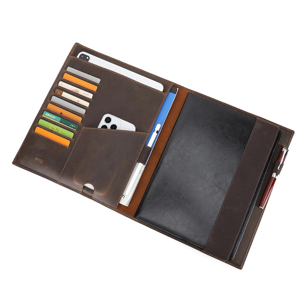 Custom RFID A4 Crazy Horse Leather Notebook Cover 13in iPad Pocket Card Slot Elastic Band 70-120 Sheets Folded Leaflet Binding
