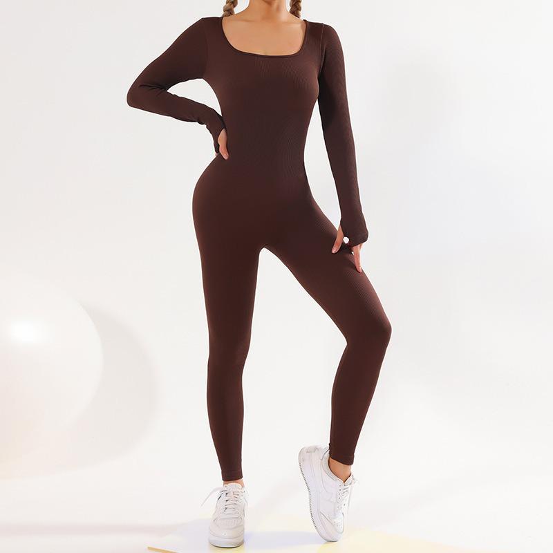 Seamless Ribbed Long Sleeve Quick-Dry Yoga Bodysuit Large