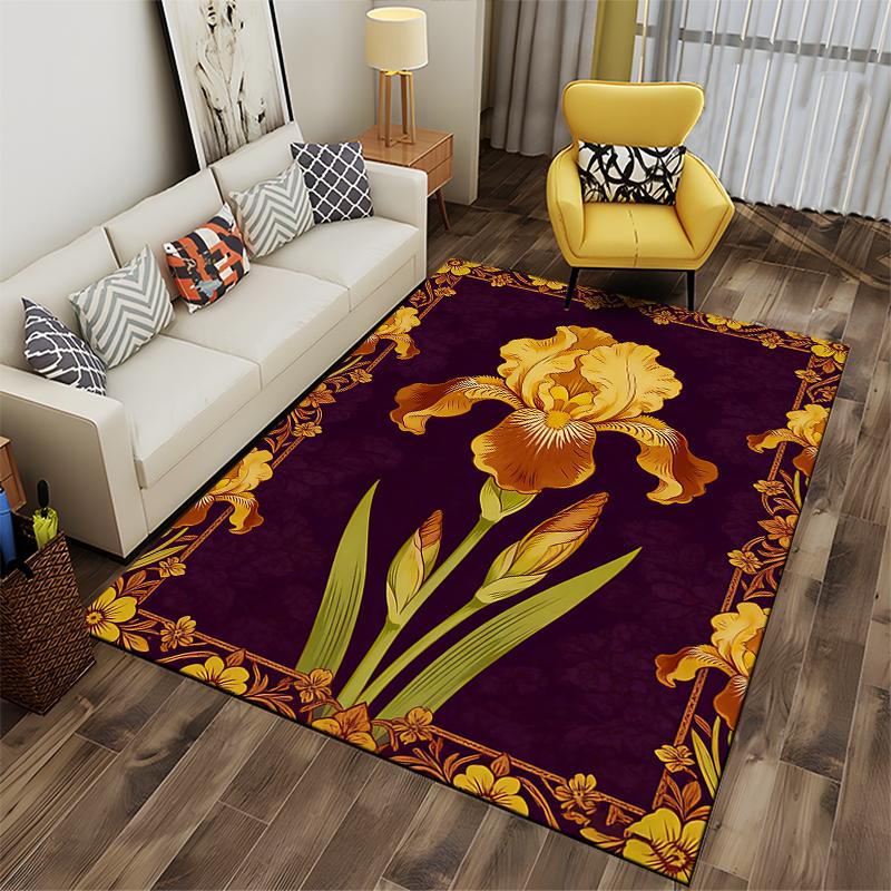 Yellow Iris Floral Carpet with Purple Background, Elegant Home Decor Suitable for Use As an Anti-slip for Living Room Bedroom Sofas