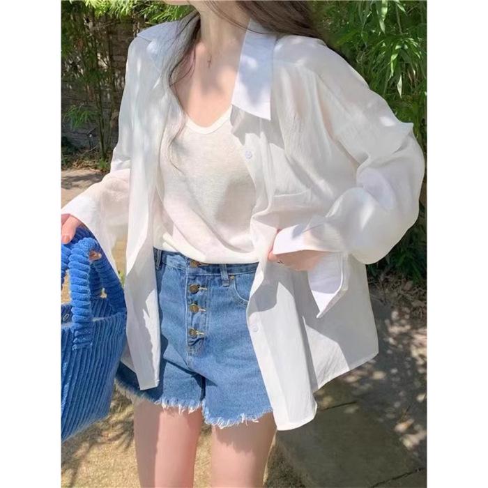 Women's Stylish Loose Tencel Cotton Sun Protection Drape Shirt – Thin Long Sleeve Korean Spring/Summer Top