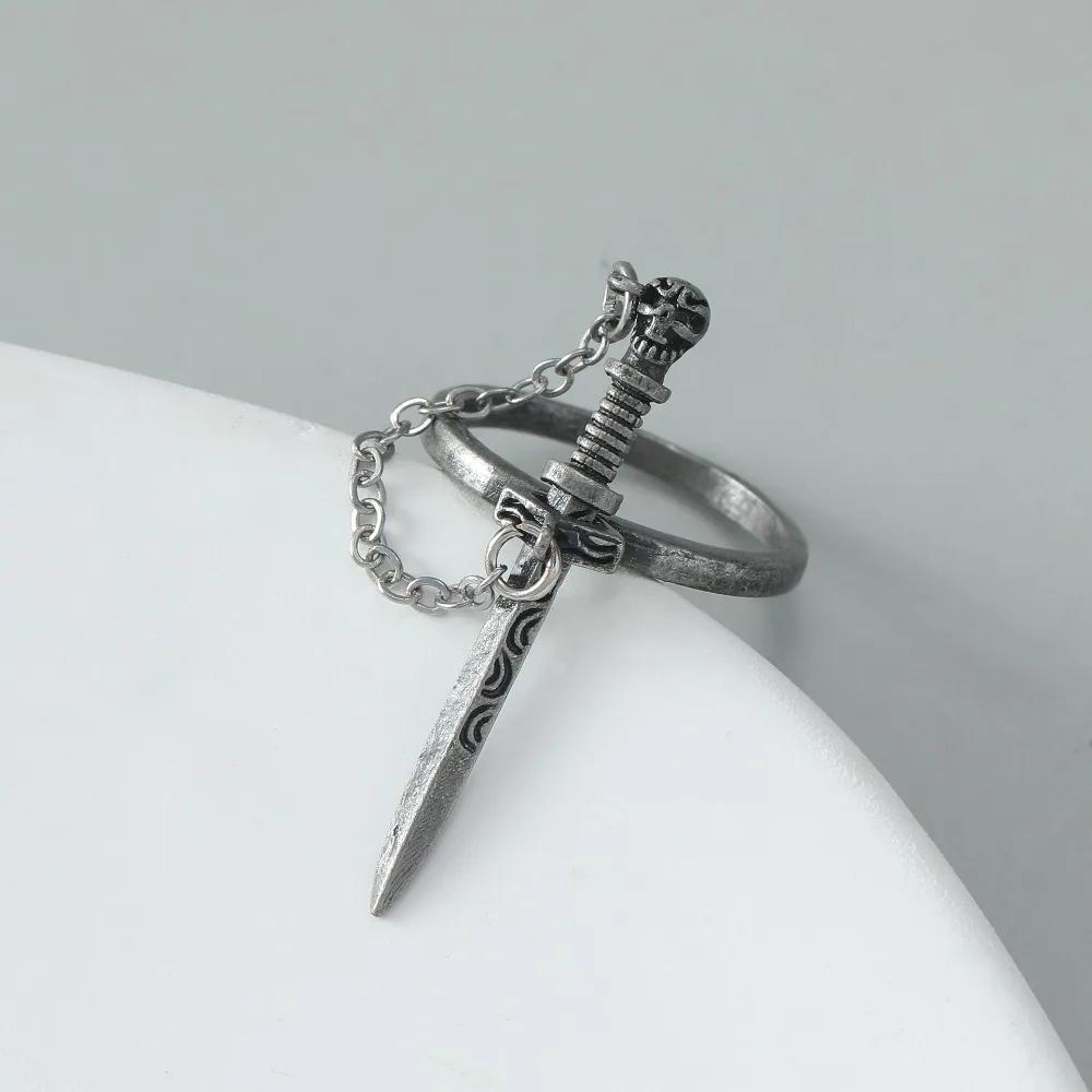 Goth Dark Style Black Cross Sword Rings for Women Vintage Stainless Steel Chain Skull Tassel Rings Punk Jewelry Personal Gift