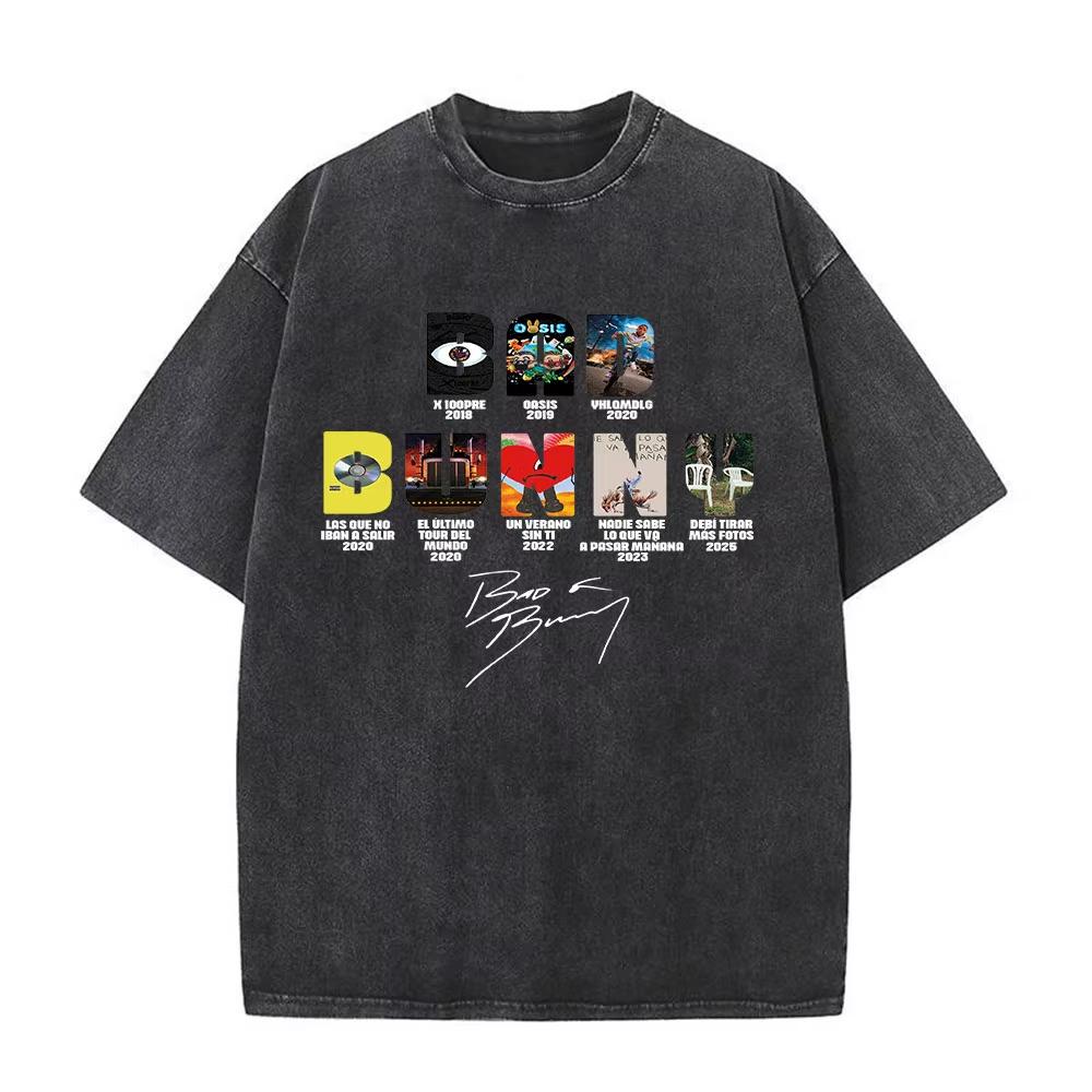 Rapper Bad Bunny T-shirt Debi Tirar Mas Fotos DTMF Album 2026 Washed Vintage T Shirt Men's Women Hip Hop Oversized Male T-shirts