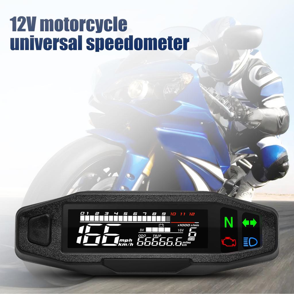 Odometer Gauge Motorcycle Speedometer Oil Level Meter 12V Universal Waterproof LCD Tacho Panel with LED Signal Light Indicator