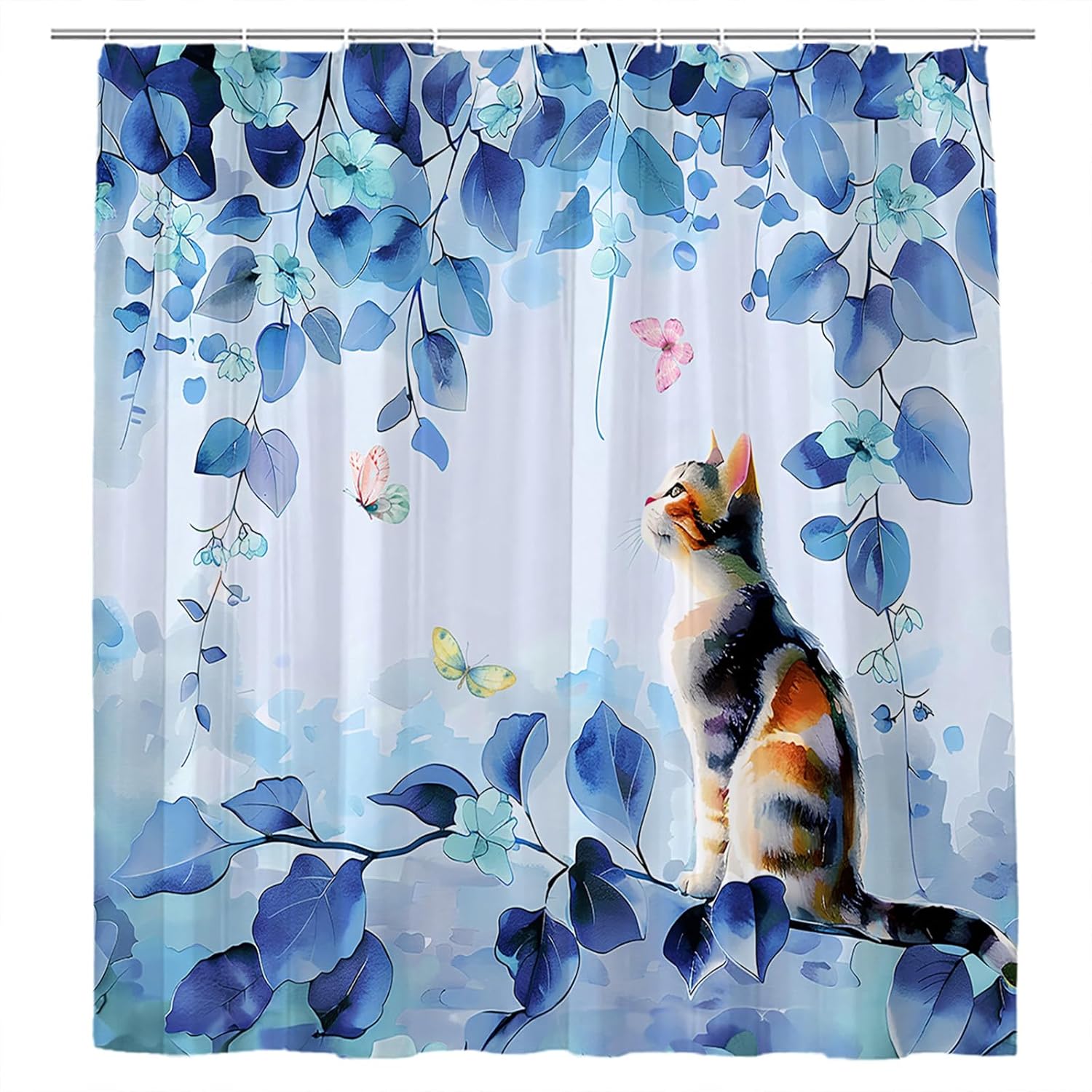 

Cat And Green Leaves Shower Curtain Spring Funny Animals Rustic Plants Purple Lavender Watercolor Farmhouse Floral Flowers W60H190(CM)-1 Pcs