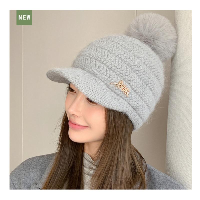 

Двухслойная толстая вязаная бейсболка из меха кролика со стрелой для женщин, теплая шерстяная кепка с шариками и пряжей для зимнего отдыха One size серый