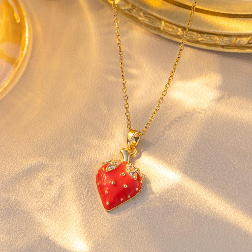 Women Girls Sweet Cute Strawberry Series Pendant Necklace Stainless Steel Chain Lovely Strawberry Fruit Jewelry Accessories Gift