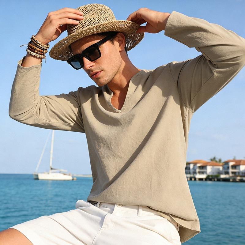 Men Casual Loose V Neck Long Sleeve Linen T Shirt Big Size