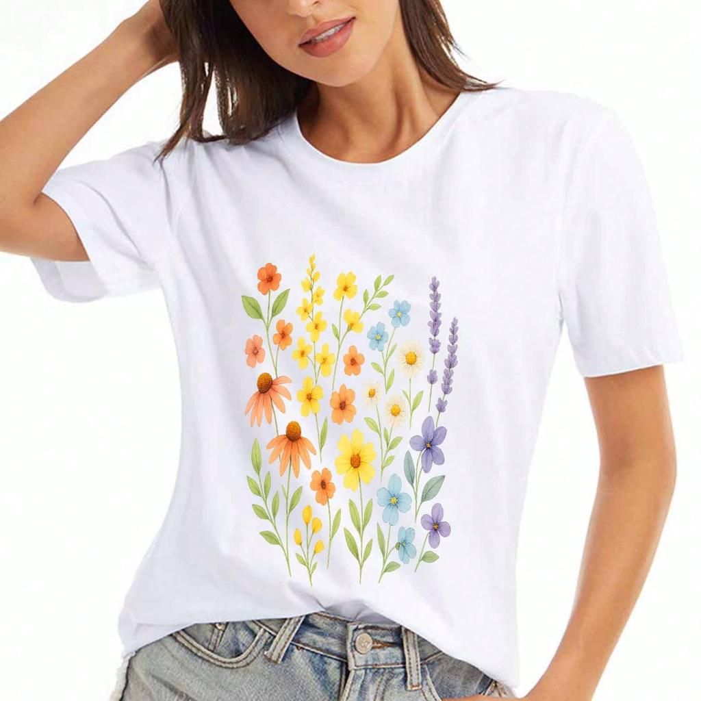 Colorful Floral Garden Wounisex's Cotton T Shirt, Pure Cotton Premium Printing, Durable, Casual And Fashionable, Perfect For Spring And Summer Wear, E