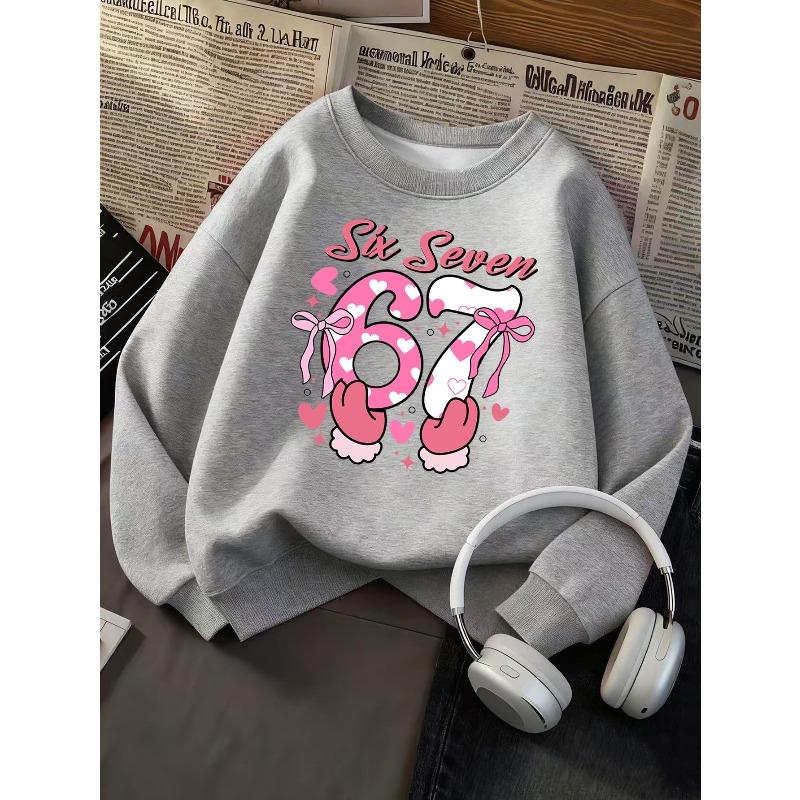 Kids Girls Crewneck Sweatshirt, Cute Pink Bow Heart Number 67 Six Seven Print Long Sleeve Pullover, Birthday Sweatshirt For Kids Over 4 Years Old