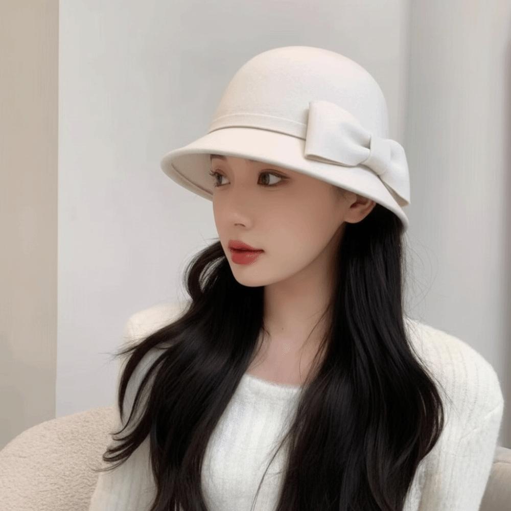 Keep Warm Bow Topper Hat Solid Color Woolen Bucket Hat Simple Women Fisherman Hat Autumn Winter