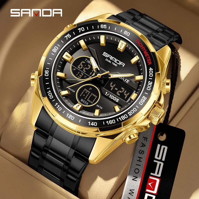 SANDA Stereoscopic Dual Display Watch Men's Steel Band Sunday Date 12/24 Hour 5ATM Waterproof Night Light Alarm Clock