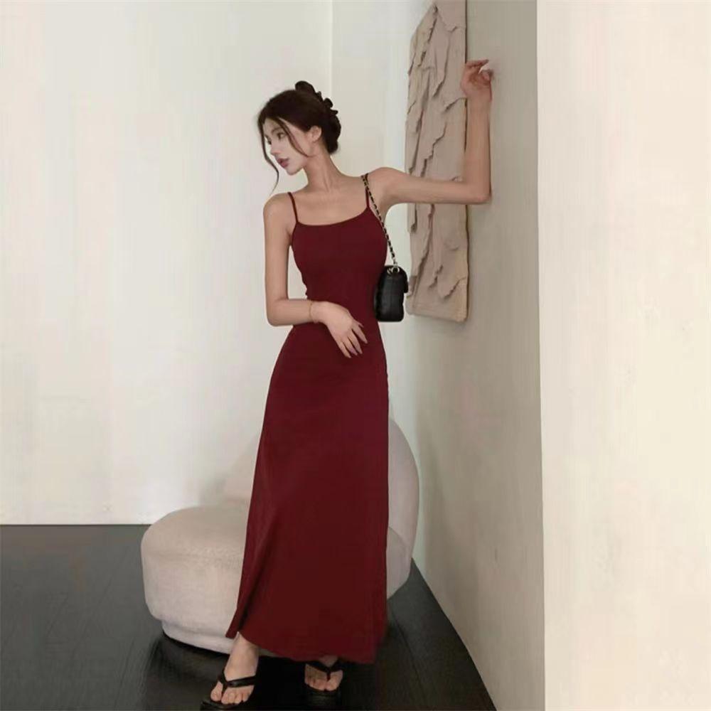 Woman Spring Summer Style Bodycon Dress Female Sexy Sleeveless Spaghetti Strap Split Sheath Dress