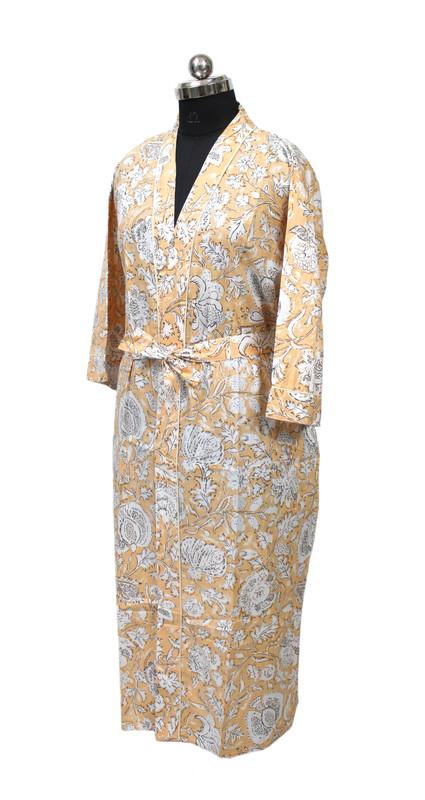 Bavlněný dlouhý kimonový župan, pyžamový župan s indickým ručně potištěným nočním prádlem a maxi županem