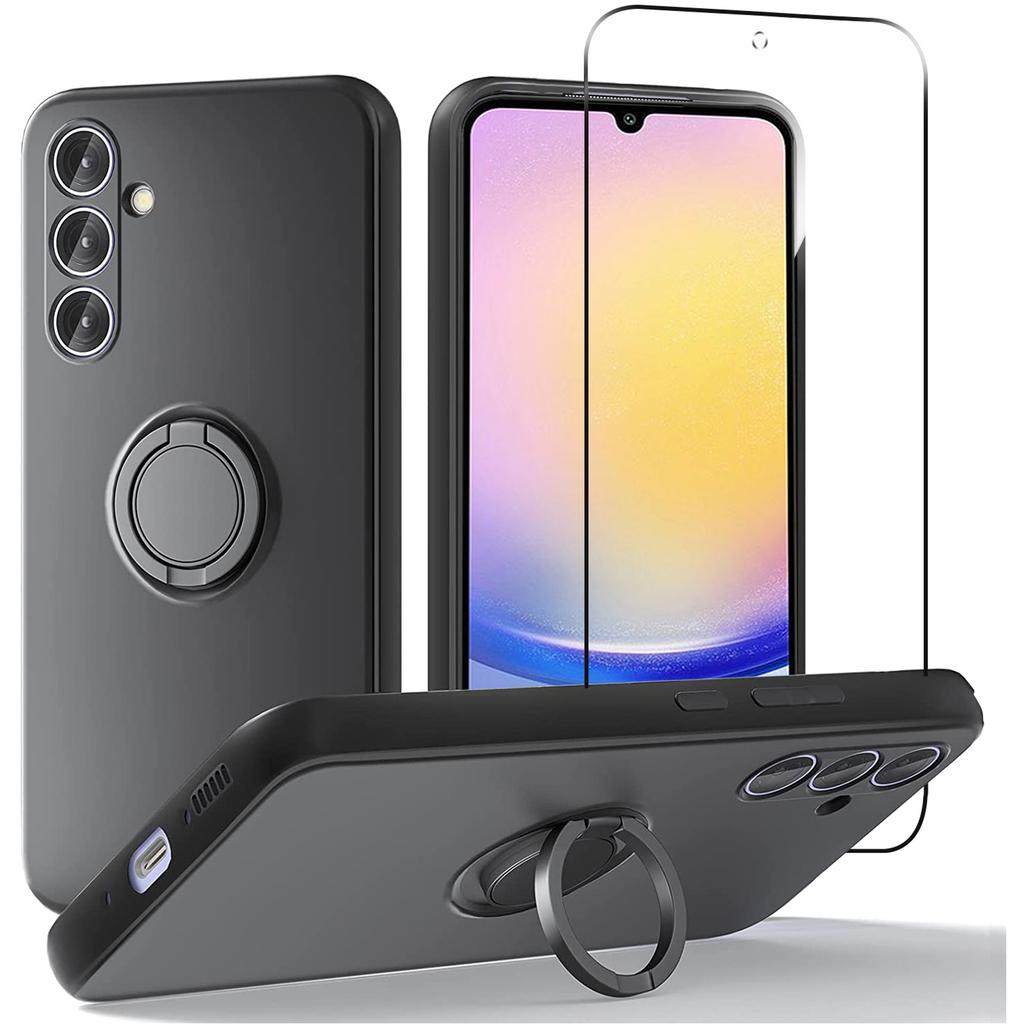 For Samsung Galaxy A25 5G (Global) (161.0 X 76.5 X 8.3mm) Liquid Silicone Kickstand Case+2.5D Arc Edge Tempered Glass Film